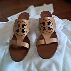 TORY BURCH ZOEY WEDGE BROWN LEATHER SANDALS SIZE 7